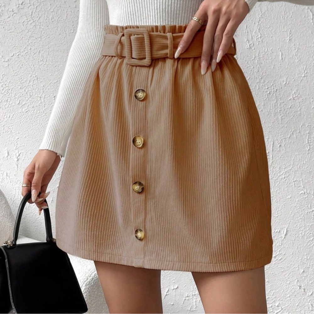 Solid Tan High Waisted Button Detail Corduroy Min… - image 2